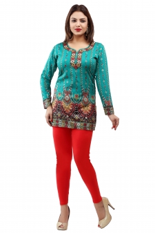 Turquoise Color American Crepe Printed Short Kurti With Full Sleeve