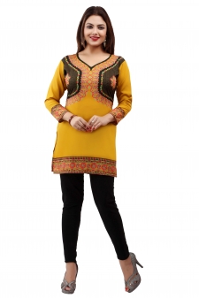 Yellow American Crepe Jacket Style Printed Short Kurti With Full Sleeve