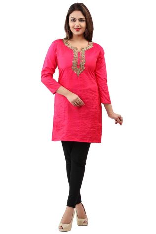 Beautiful Pink Hand Work Embroidered Short Kurti with Full Sleeves XS to XXL Manufacturers, Suppliers, Exporters in Kolhapur
