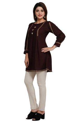 Designer Coffee Color Short Length Kurti Regular Fit for Casual Outings Sizes S XL Manufacturers, Suppliers, Exporters in Qatar