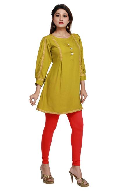 Designer Mehndi Color Rayon Short Length Kurti Stylish Fit for Casual Wear Sizes S to XL Manufacturers  in Delhi