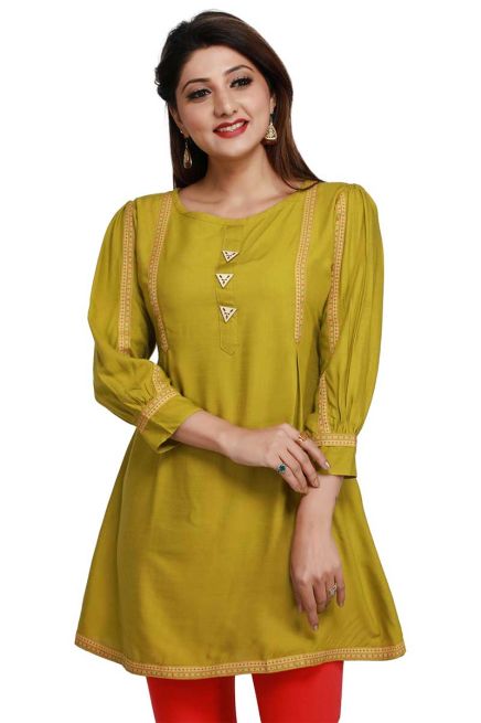 Designer Mehndi Color Rayon Short Length Kurti Stylish Fit for Casual Wear Sizes S to XL Manufacturers  in Delhi