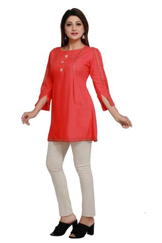 Designer Peach Color Rayon Short Length Kurti Stylish Fit for Casual and Semi Formal Wear Sizes S to XL Manufacturers, Suppliers, Exporters in El Salvador