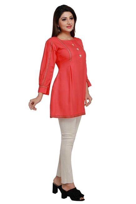 Designer Peach Color Rayon Short Length Kurti Stylish Fit for Casual and Semi Formal Wear Sizes S to XL Manufacturers  in Delhi