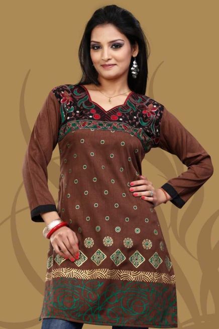 Elegant Coffee Color Embroidered Crepe Silk Kurti Regular Fit Short Design for Casual Wear Manufacturers  in Delhi
