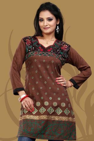 Elegant Coffee Color Embroidered Crepe Silk Kurti Regular Fit Short Design for Casual Wear Manufacturers, Suppliers, Exporters in Qatar
