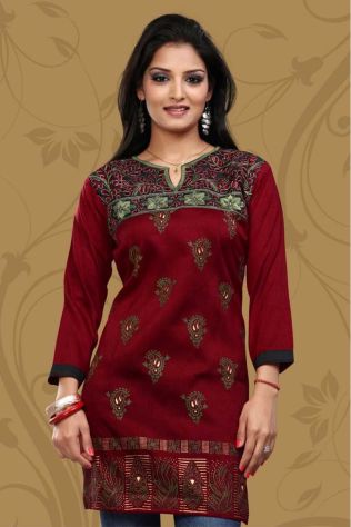 Moroon Color Embroidered Crepe Silk Short Kurti with Full Sleeve Sizes S to XL Manufacturers, Suppliers, Exporters in Palestine