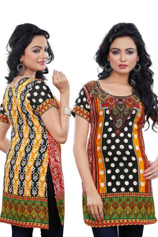 Multicolor American Crepe Half Sleeve Kurti With Patch Work Neckline Sizes S to XL Manufacturers, Suppliers, Exporters in Delhi