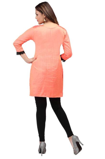 Nylon Silk Peach Color with Black Embroidered Neck Short Kurti with Full Sleeves for Casual Wear Sizes S to XL Manufacturers  in Delhi