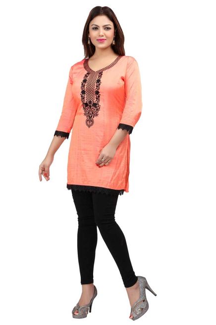 Nylon Silk Peach Color with Black Embroidered Neck Short Kurti with Full Sleeves for Casual Wear Sizes S to XL Manufacturers  in Delhi