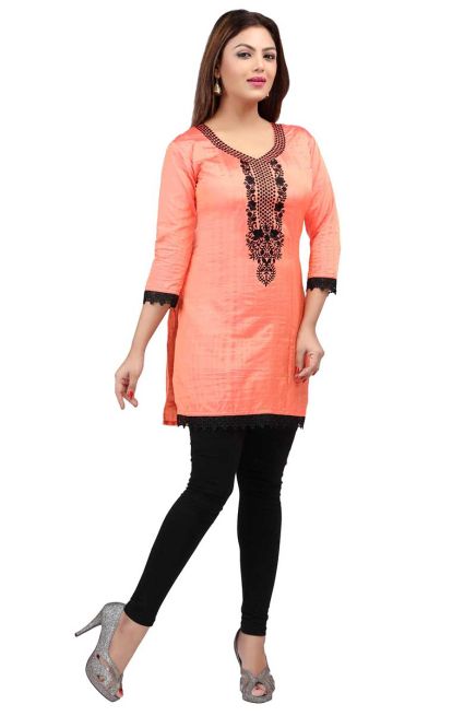 Nylon Silk Peach Color with Black Embroidered Neck Short Kurti with Full Sleeves for Casual Wear Sizes S to XL Manufacturers  in Delhi