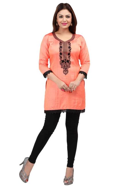 Nylon Silk Peach Color with Black Embroidered Neck Short Kurti with Full Sleeves for Casual Wear Sizes S to XL Manufacturers  in Delhi