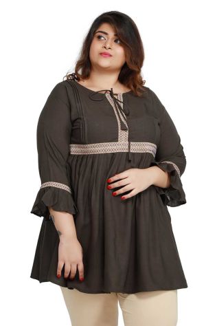 Olive Green Color Plus Size Short Kurti with Beautiful Sleeves Pattern Plus Size Fit for Casual Manufacturers, Suppliers, Exporters in Kolhapur