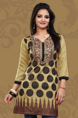 Stylish Beige Short Kurti with Embroidered Design and Full Sleeves Available in Sizes XS to XXL Manufacturers, Suppliers, Exporters in Palau