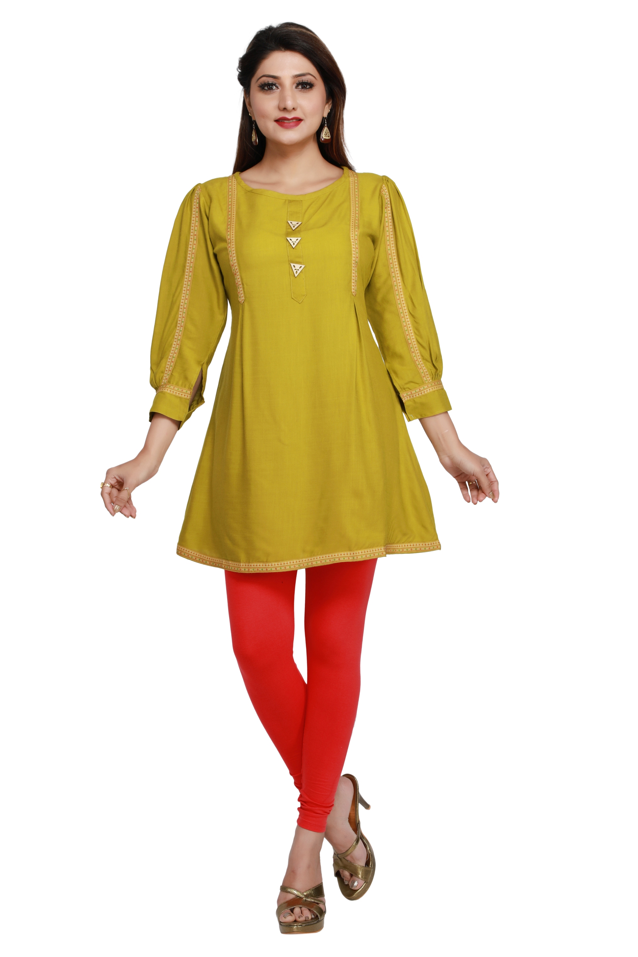 Lemon Yellow Colour Readymade Short Size Cotton Kurti having Lines in  slanding with 3/4th Hand Sleeves