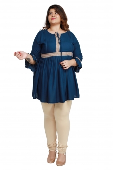 Teal Color Plus Size Short Kurti With Beautiful Sleeves Pattern